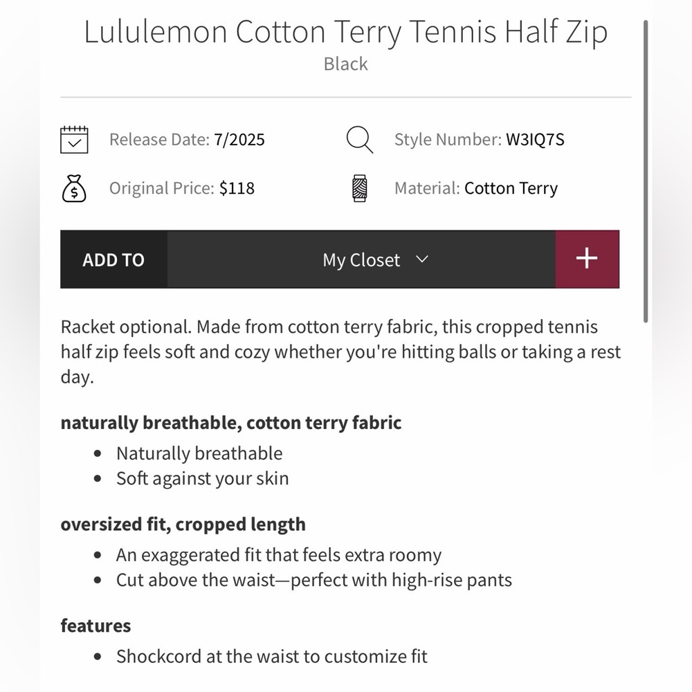 lululemon Cotton Terry Tennis Half Zip - Picture 3 of 6